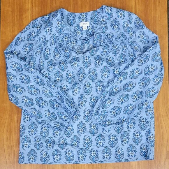 J. Crew Blue Floral Split Neck Popover 3/4 Sleeve Cotton Top - XS - Picture 5 of 7